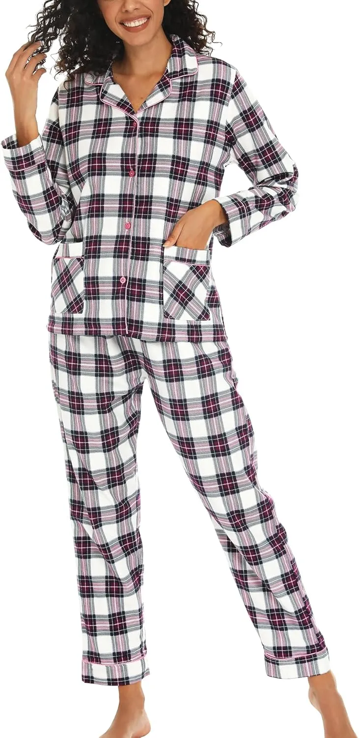 ENJOYNIGHT Womens Cotton Flannel Pajamas Set Long Sleeve Button Down Sleepwear Set
