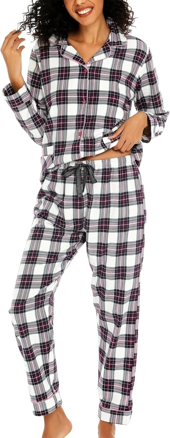 ENJOYNIGHT Womens Cotton Flannel Pajamas Set Long Sleeve Button Down Sleepwear Set