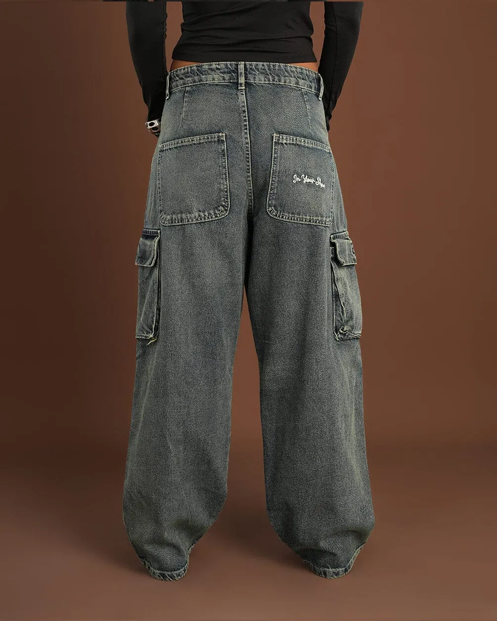 Grey Washed Multi-Pocket Cargo Jeans