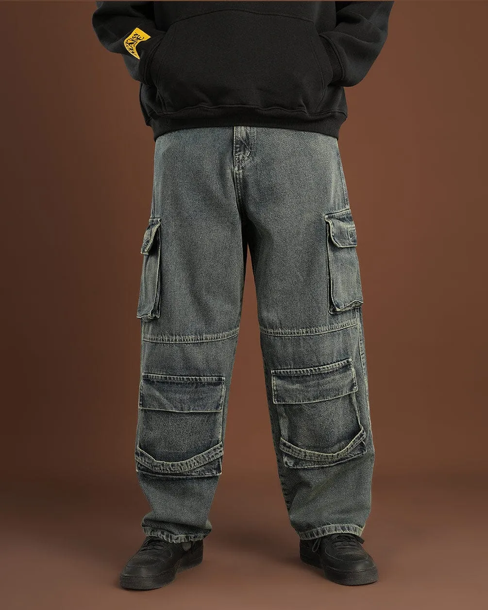 Grey Washed Multi-Pocket Cargo Jeans