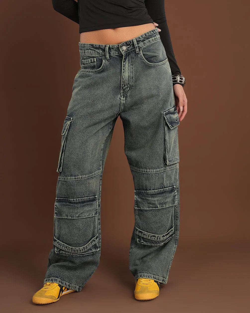 Grey Washed Multi-Pocket Cargo Jeans
