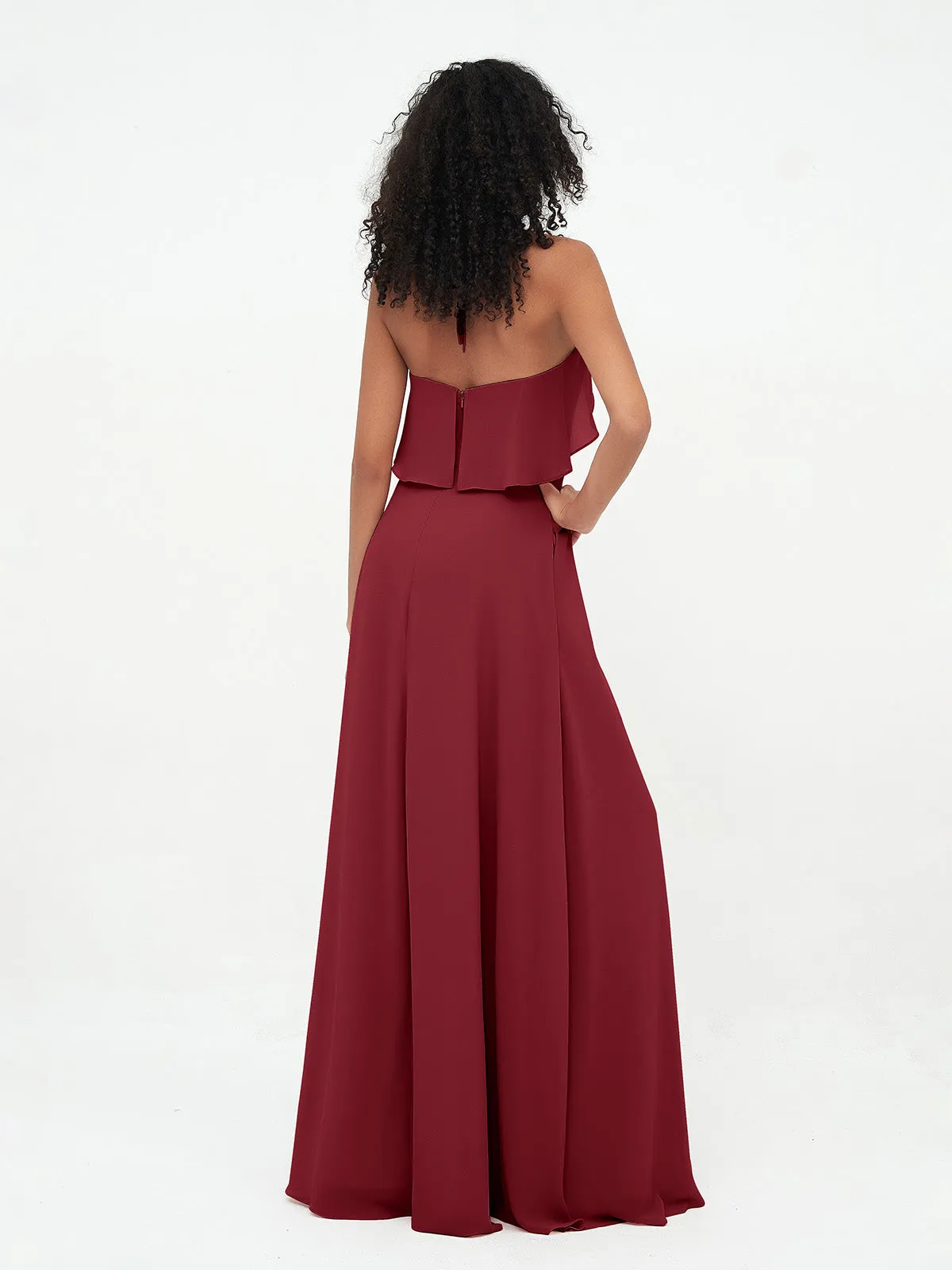 Halter Strap Chiffon Long Bridesmaid Dresses Burgundy Plus Size