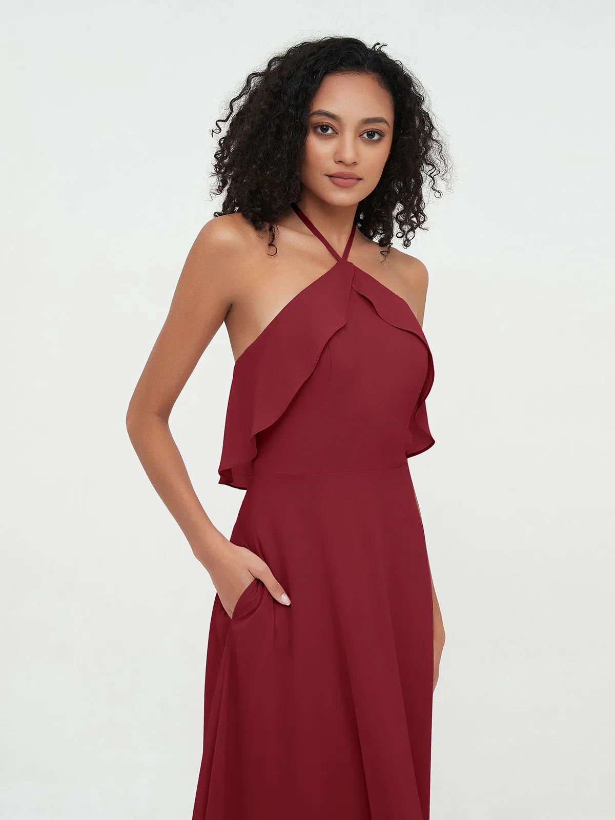 Halter Strap Chiffon Long Bridesmaid Dresses Burgundy Plus Size