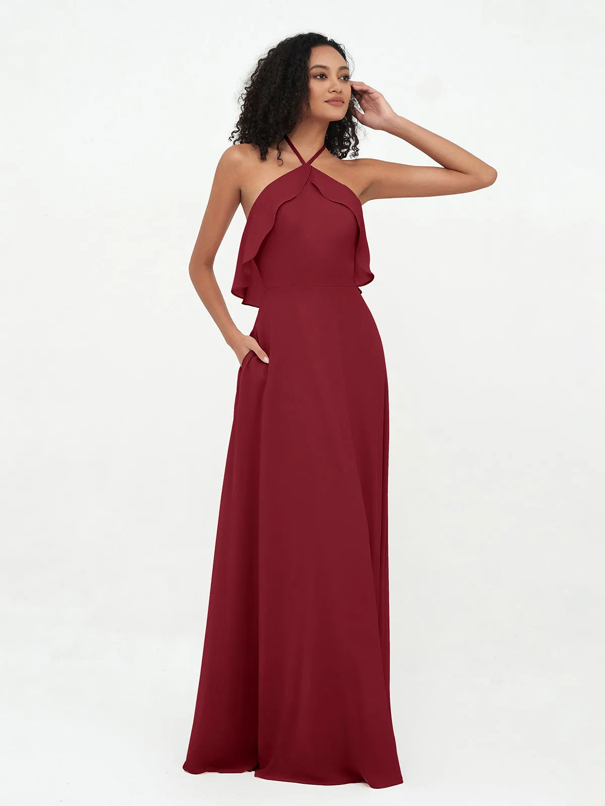 Halter Strap Chiffon Long Bridesmaid Dresses Burgundy Plus Size