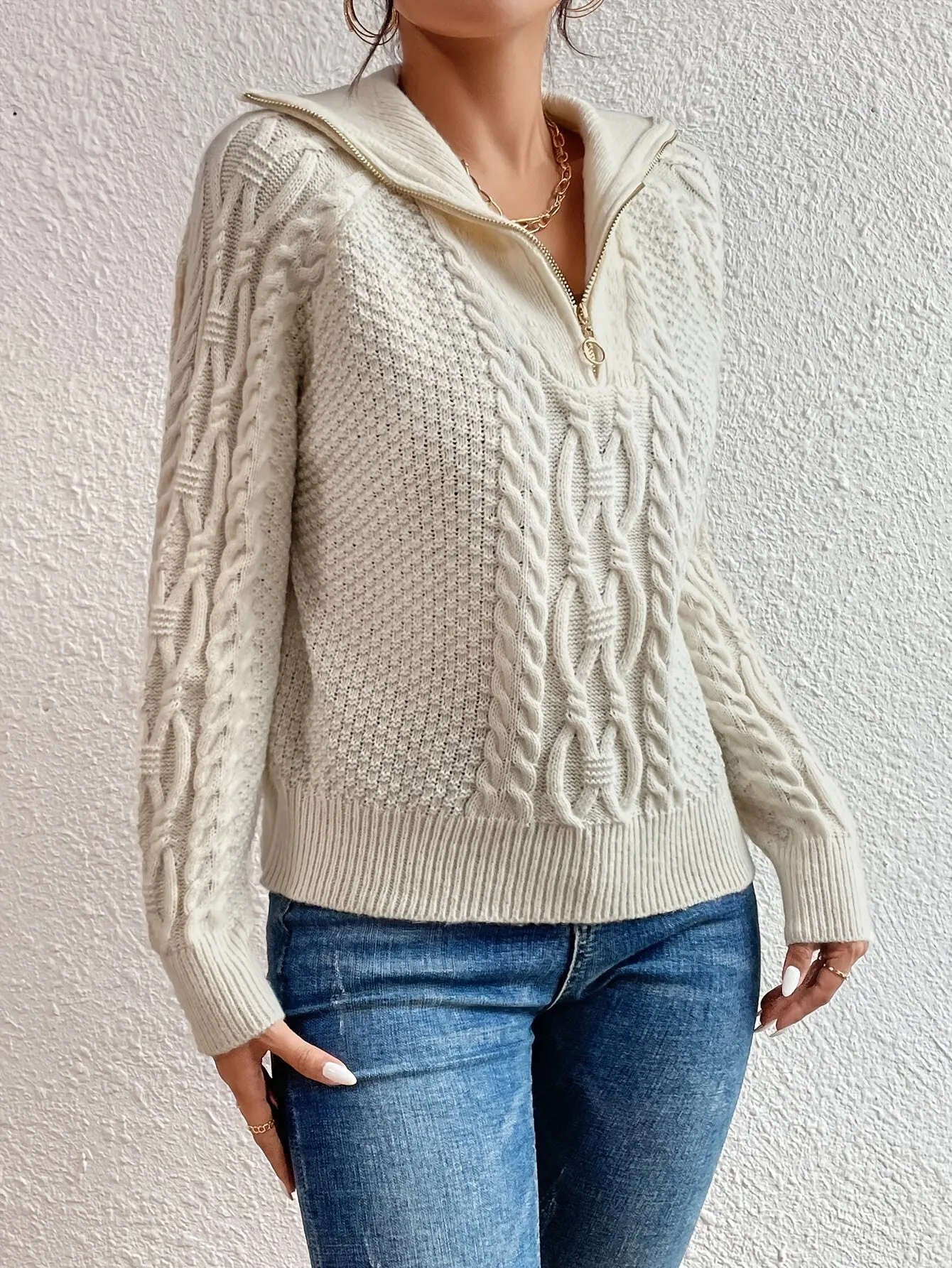 Harlow  Cable Knit Sweater with Zipper Collar