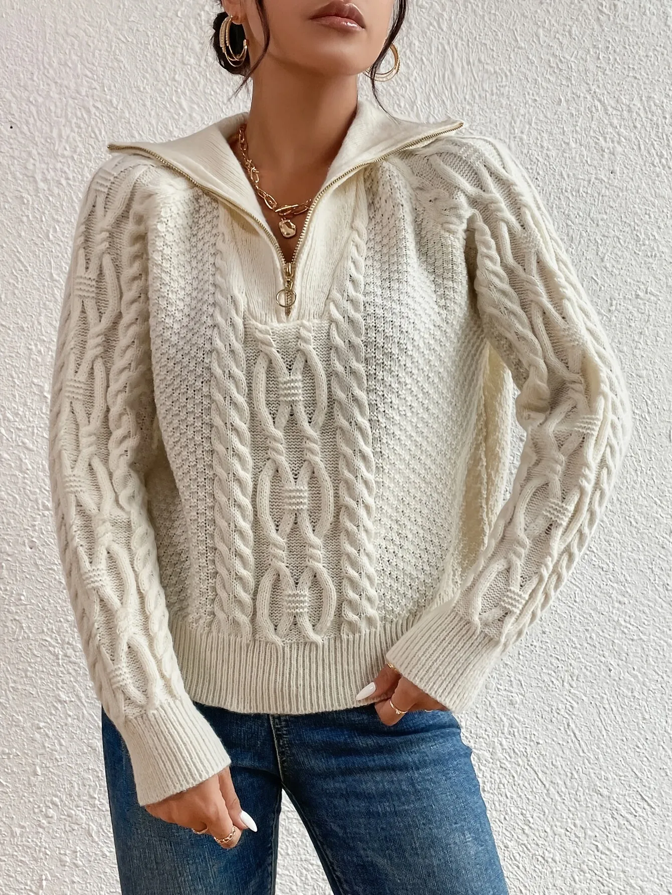 Harlow  Cable Knit Sweater with Zipper Collar