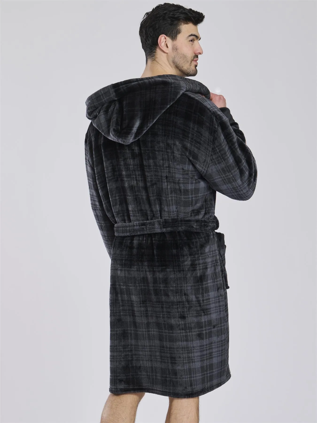 Loungeable Mens Black Check Fleece Dressing Gown