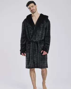 Loungeable Mens Black Check Fleece Dressing Gown