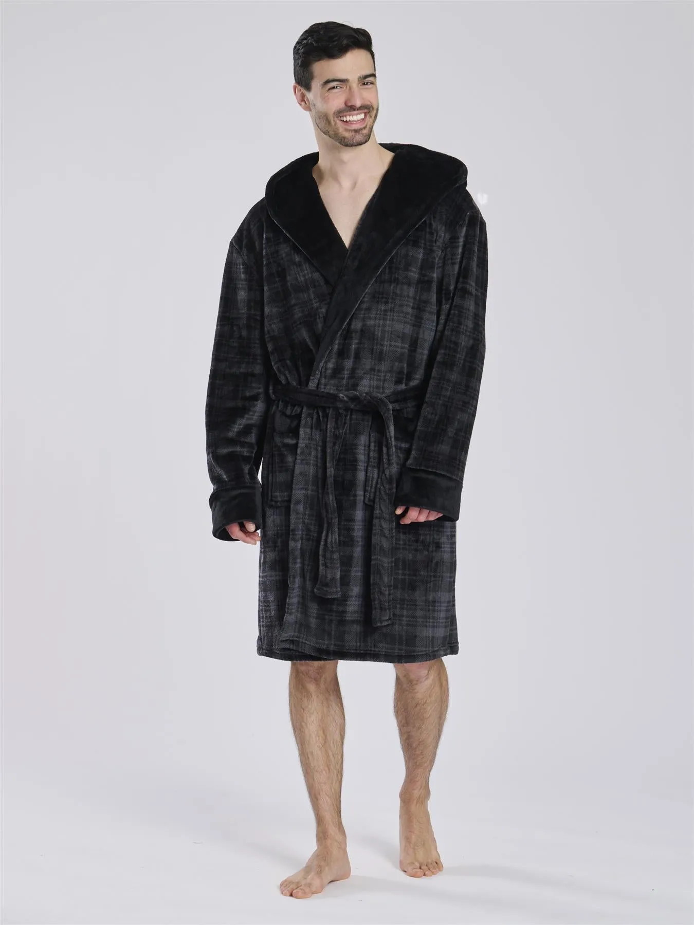 Loungeable Mens Black Check Fleece Dressing Gown