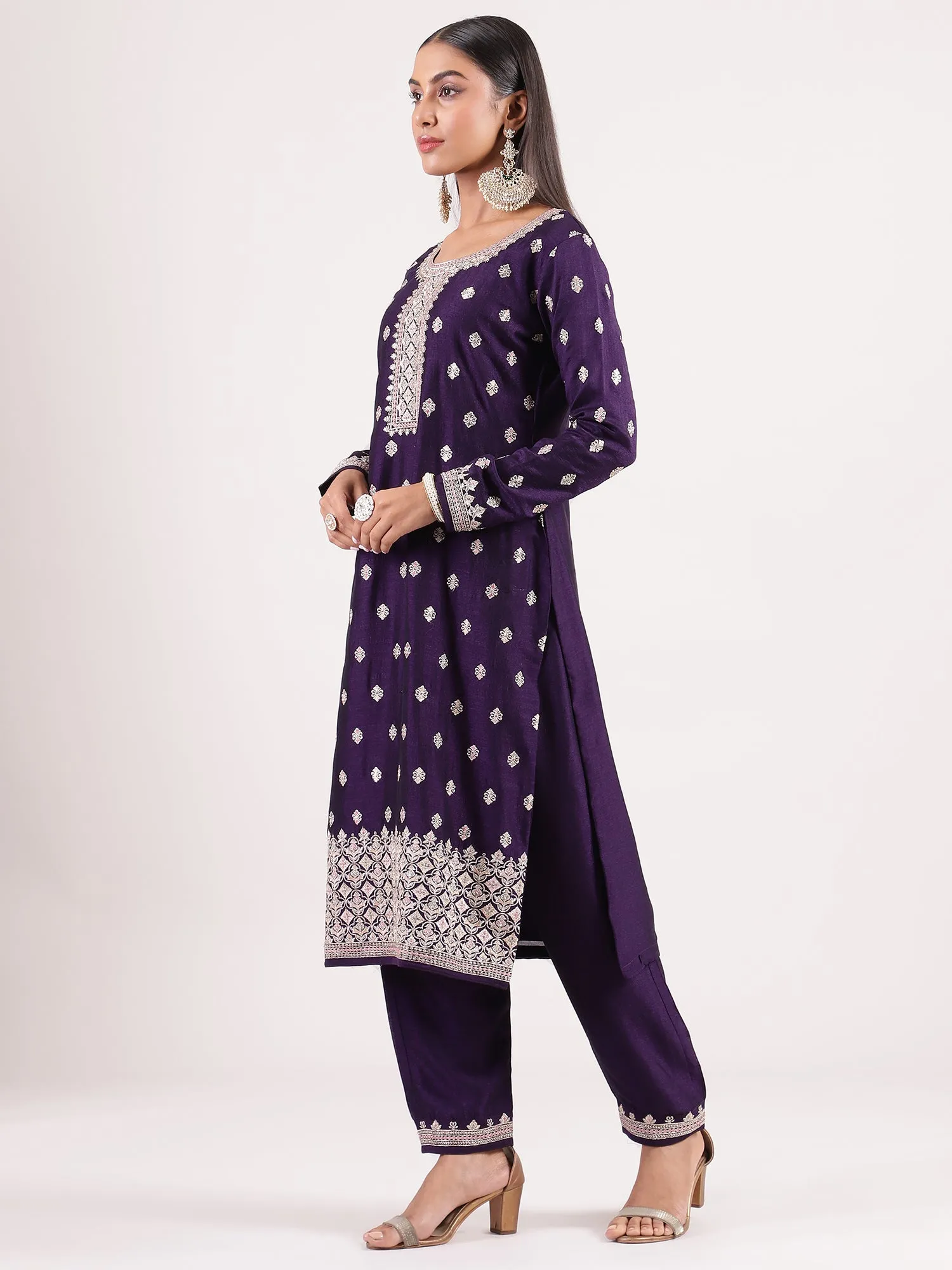 Luxurious Dark Purple Silk Salwar Suit with Sequence Embroidery