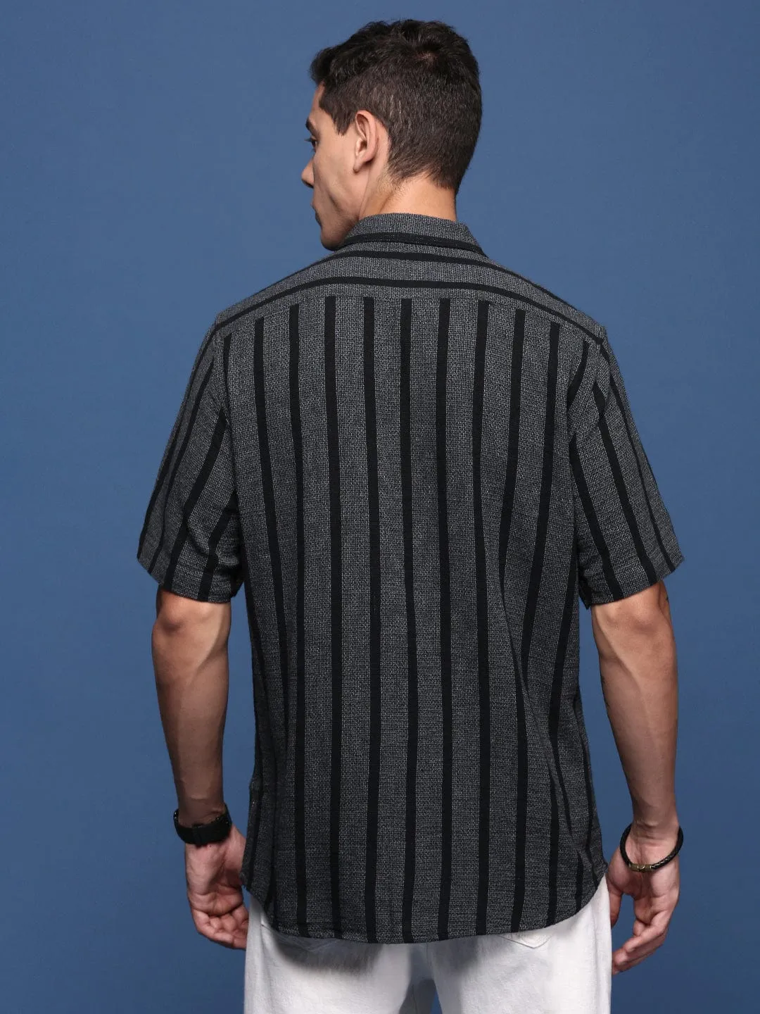 Men Charcoal Striped Cotton Band Collar Standard Slim Fit Casual Shirt