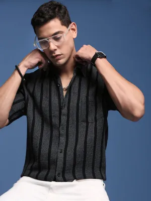 Men Charcoal Striped Cotton Band Collar Standard Slim Fit Casual Shirt