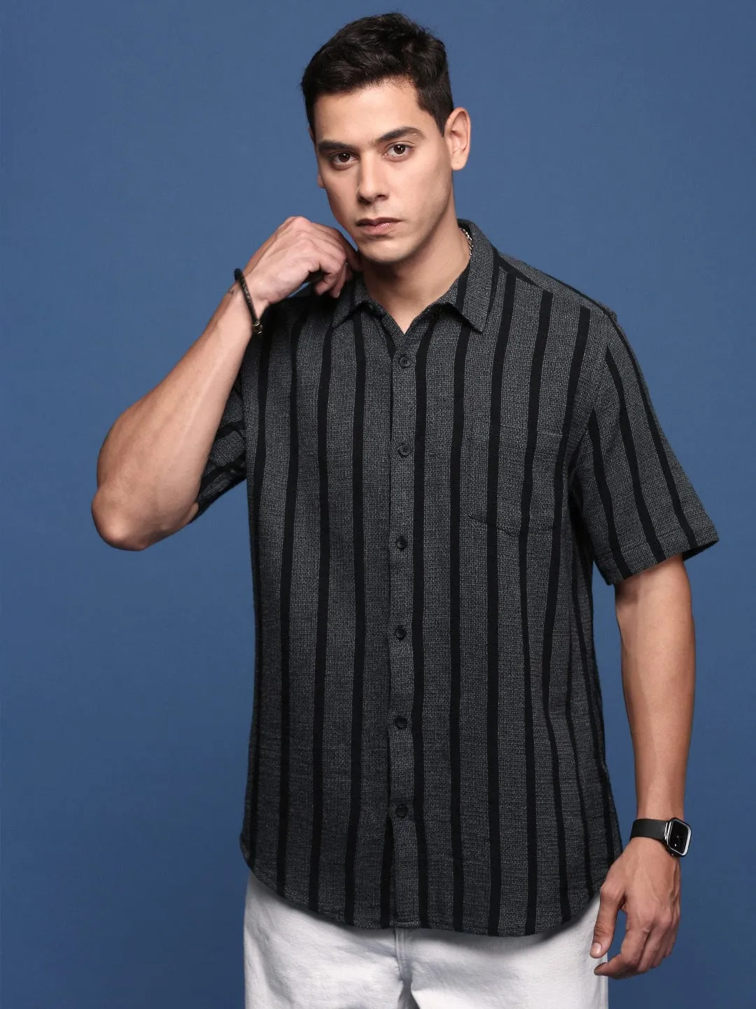 Men Charcoal Striped Cotton Band Collar Standard Slim Fit Casual Shirt