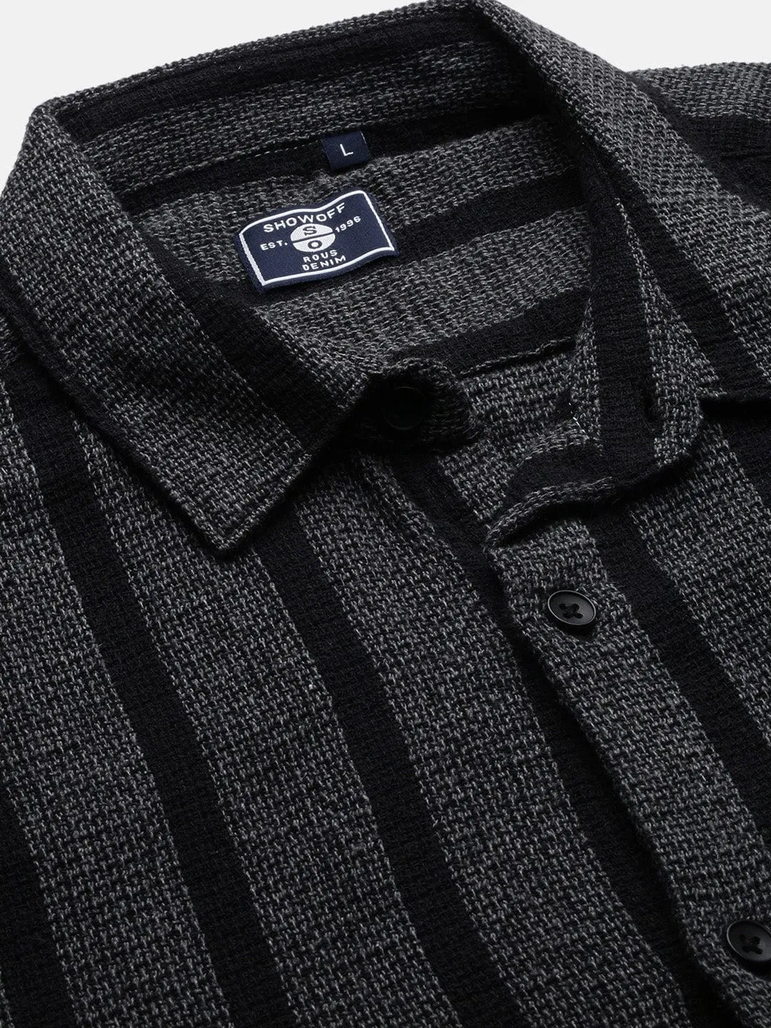 Men Charcoal Striped Cotton Band Collar Standard Slim Fit Casual Shirt