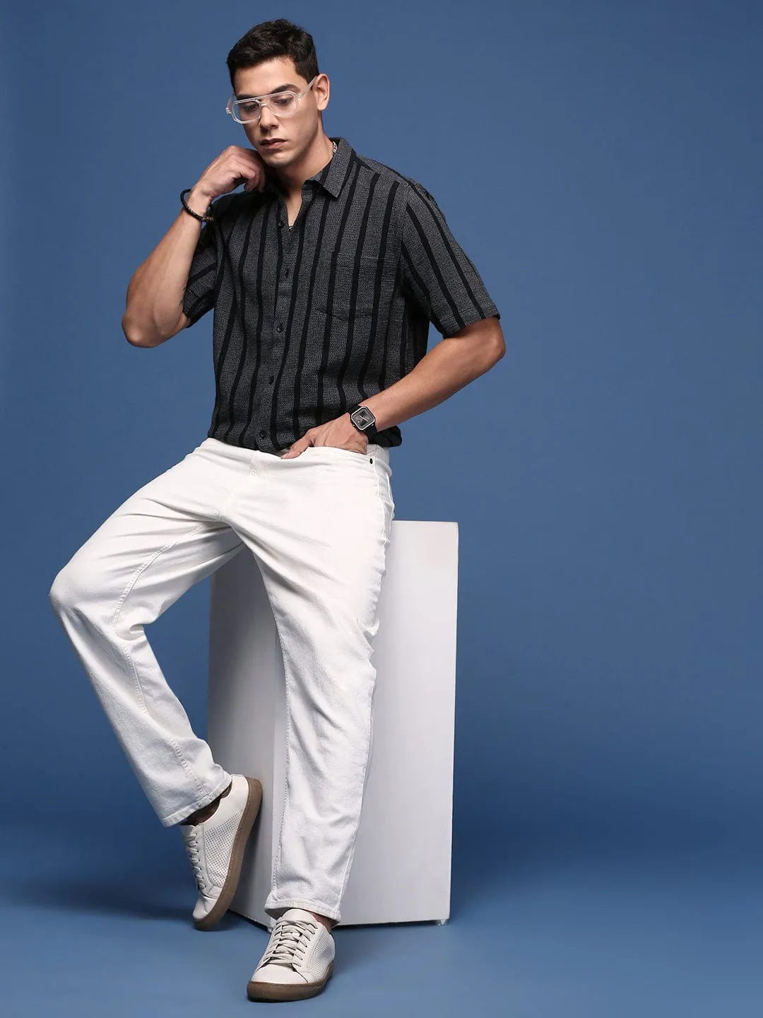 Men Charcoal Striped Cotton Band Collar Standard Slim Fit Casual Shirt