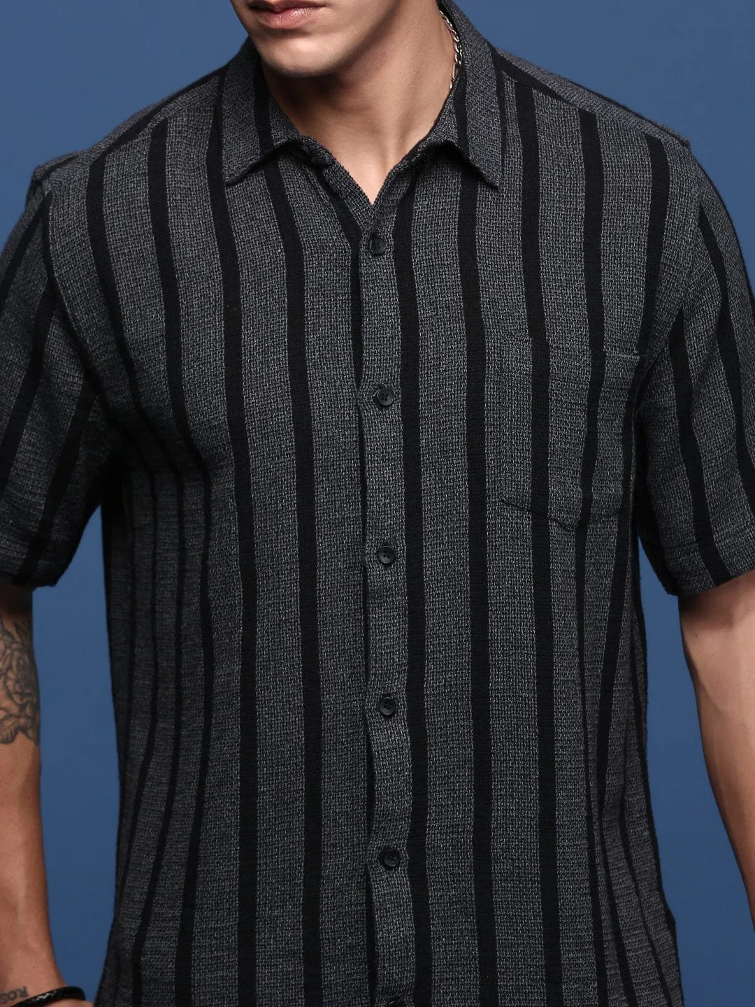 Men Charcoal Striped Cotton Band Collar Standard Slim Fit Casual Shirt