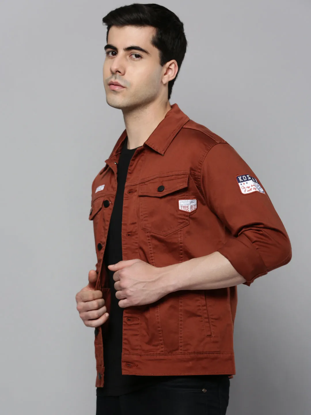 Men Orange Solid Casual Shacket