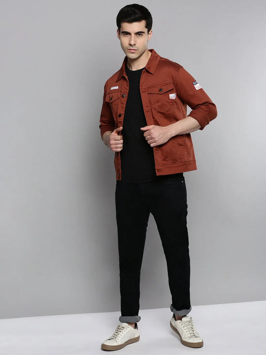 Men Orange Solid Casual Shacket