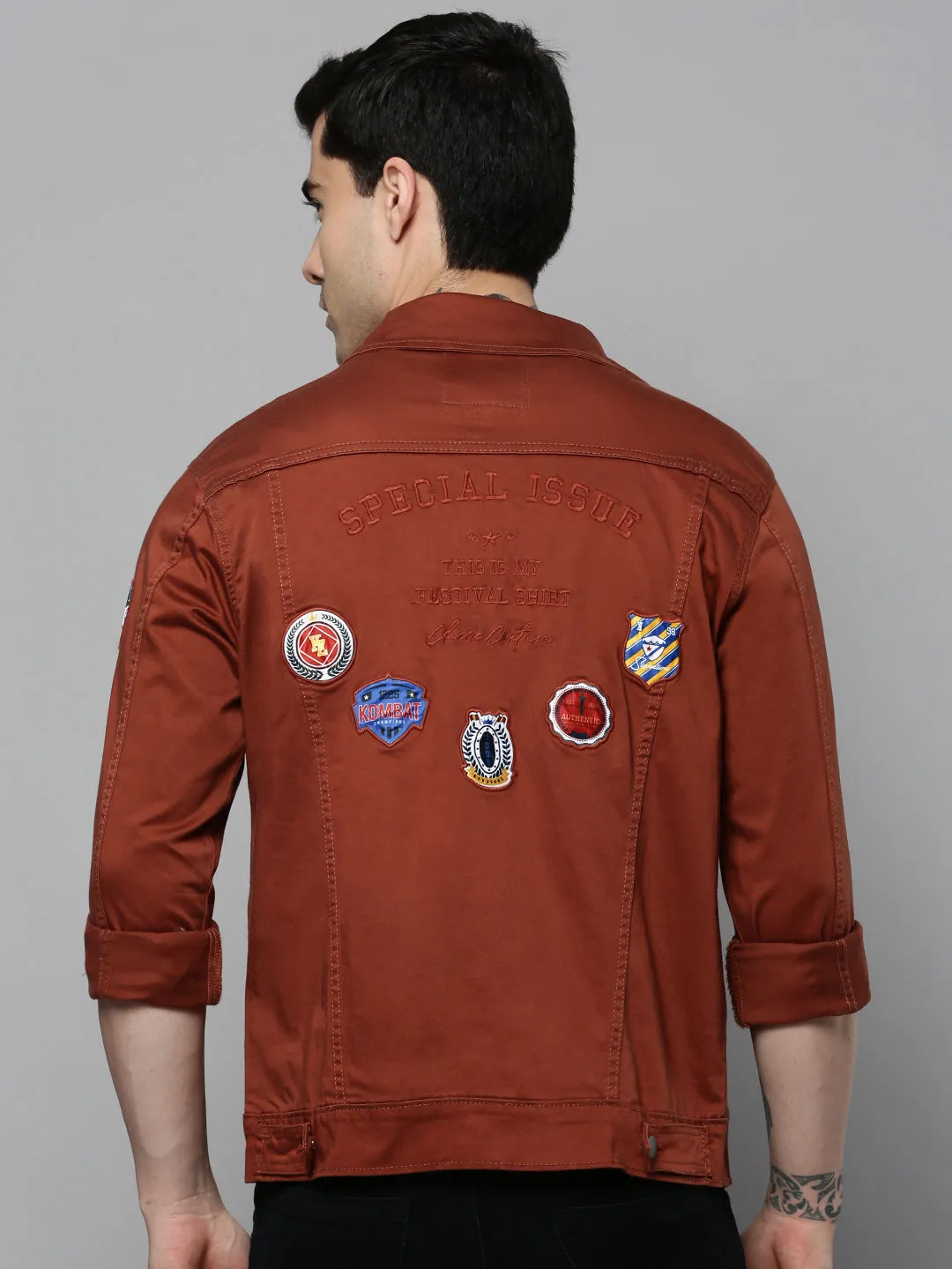 Men Orange Solid Casual Shacket
