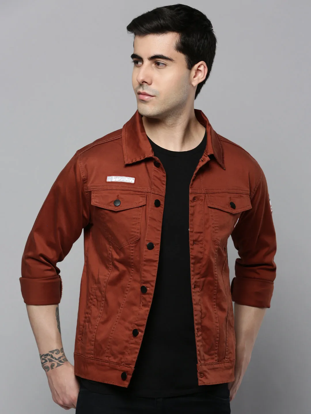 Men Orange Solid Casual Shacket
