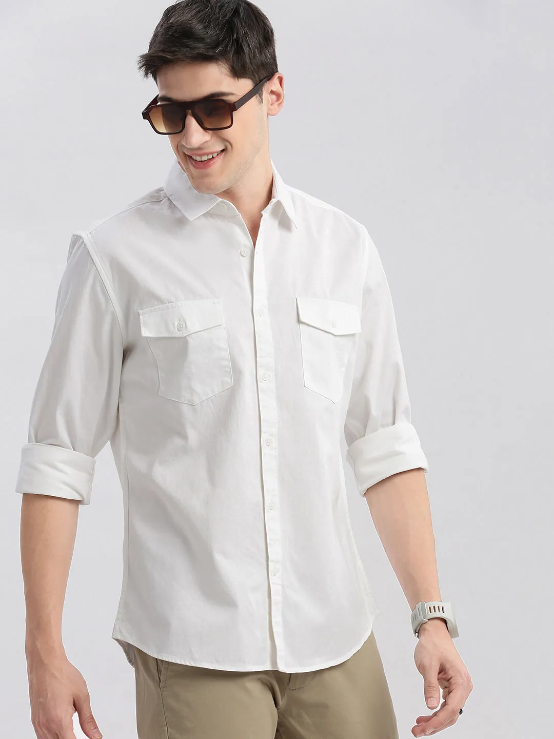 Men White Standard Slim Fit Opaque Cotton Casual Shirt