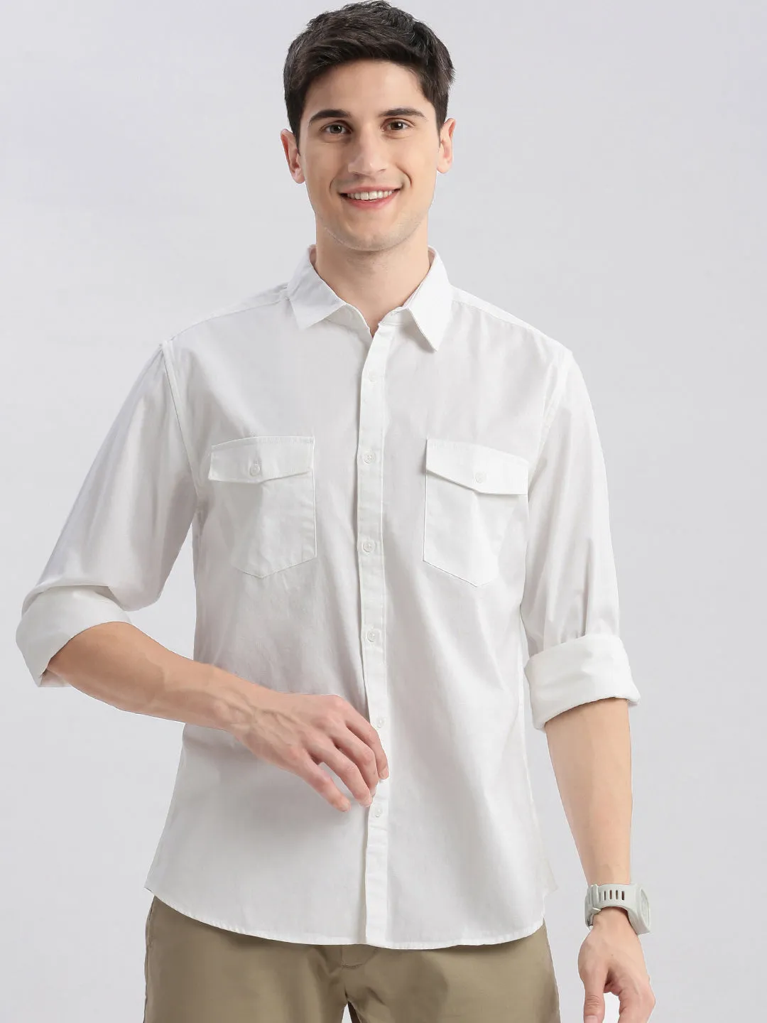 Men White Standard Slim Fit Opaque Cotton Casual Shirt