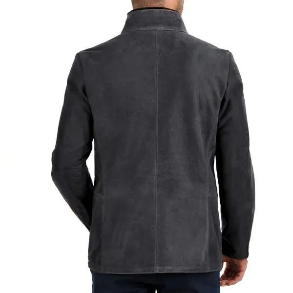 Mens Suede Jacket  Slim Fit  Stand Collar  Zipper Front  Multi-Pocket Style