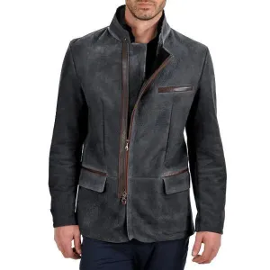Mens Suede Jacket  Slim Fit  Stand Collar  Zipper Front  Multi-Pocket Style