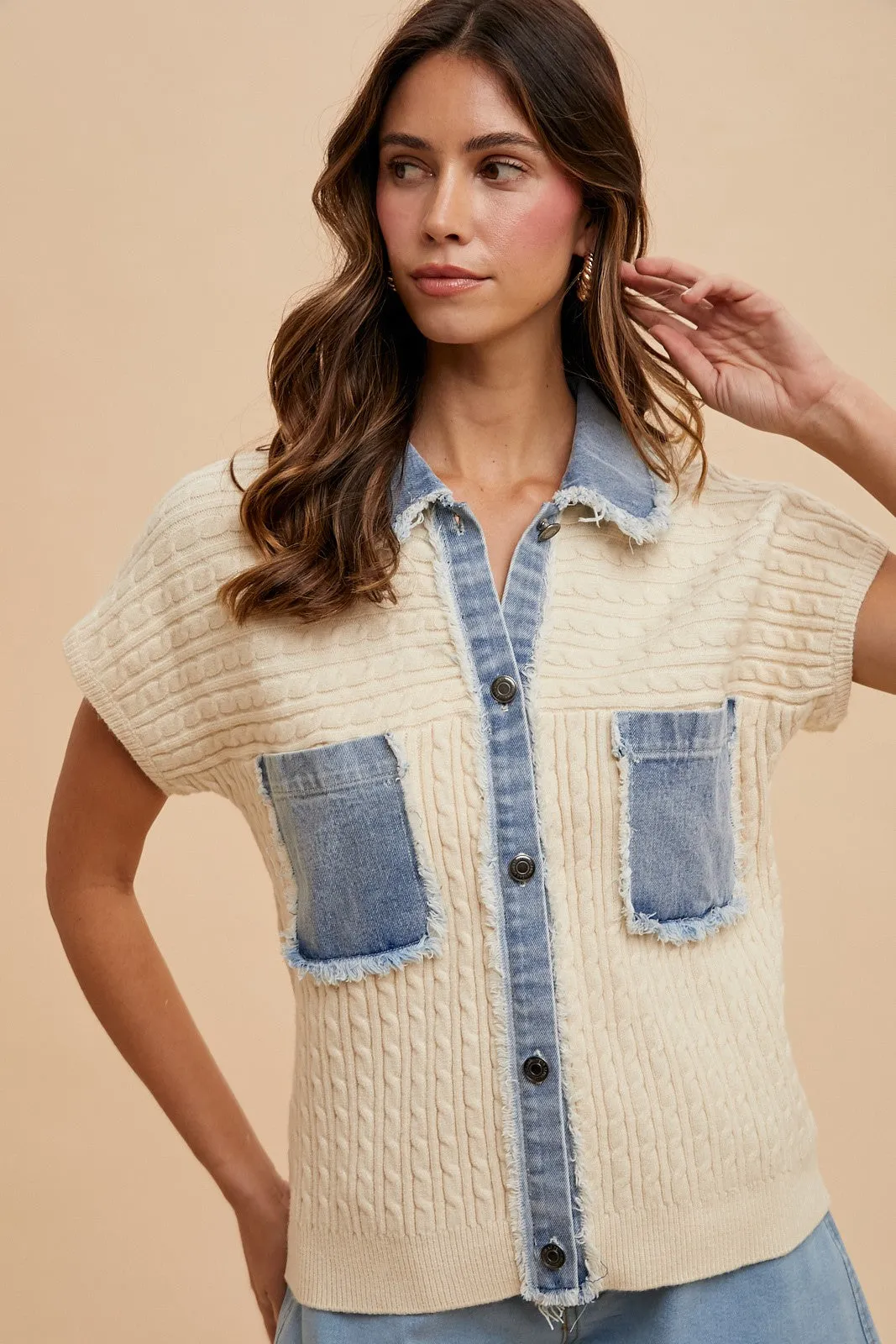 Mixed Media Cableknit Blouse