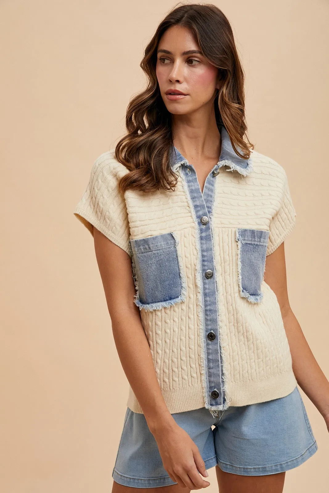 Mixed Media Cableknit Blouse