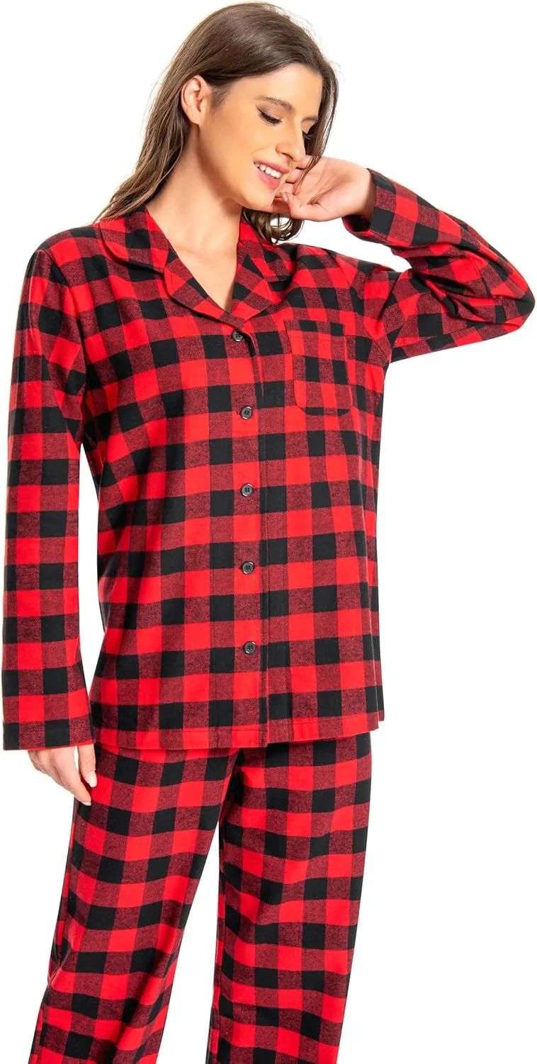 Nutria Womens Flannel Pajamas Set 100% Cotton Sleepwear Long Sleeve Button Down Nightwear Pants Pjs Loungewear Top&Bottom D06