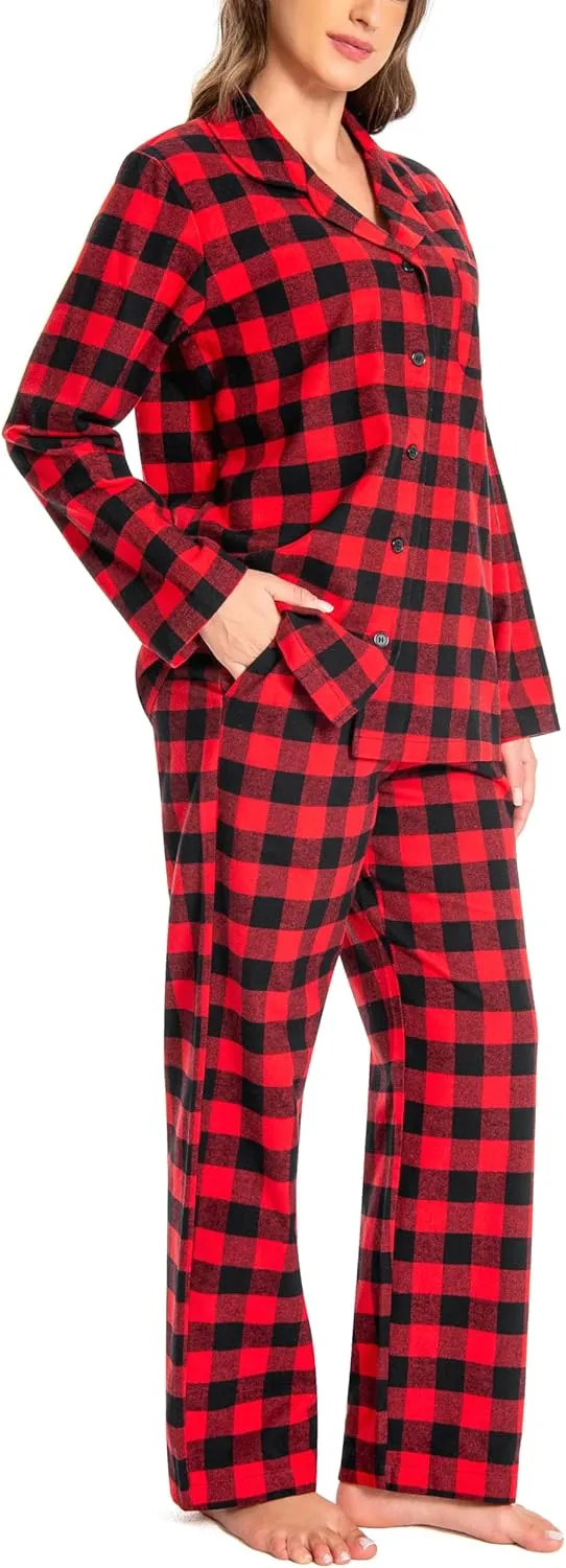 Nutria Womens Flannel Pajamas Set 100% Cotton Sleepwear Long Sleeve Button Down Nightwear Pants Pjs Loungewear Top&Bottom D06