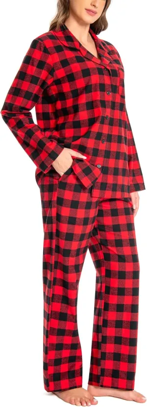 Nutria Womens Flannel Pajamas Set 100% Cotton Sleepwear Long Sleeve Button Down Nightwear Pants Pjs Loungewear Top&Bottom D06