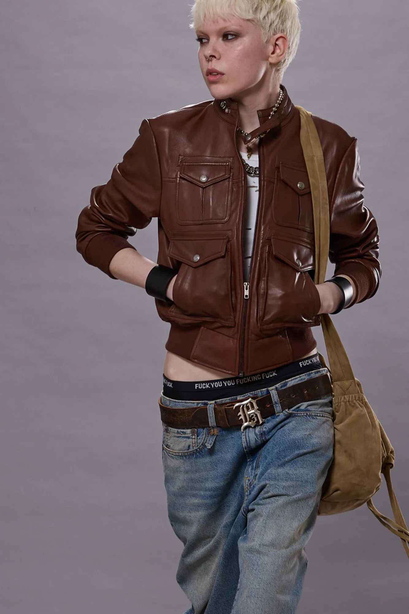 SHRUNKEN ZIP-UP LEATHER JACKET - BROWN
