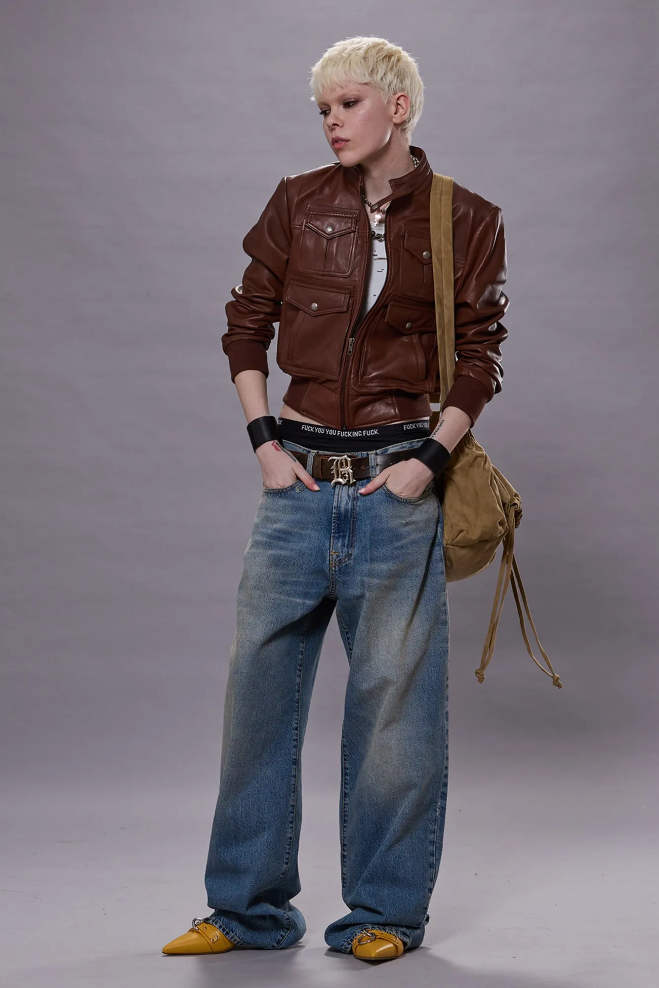 SHRUNKEN ZIP-UP LEATHER JACKET - BROWN