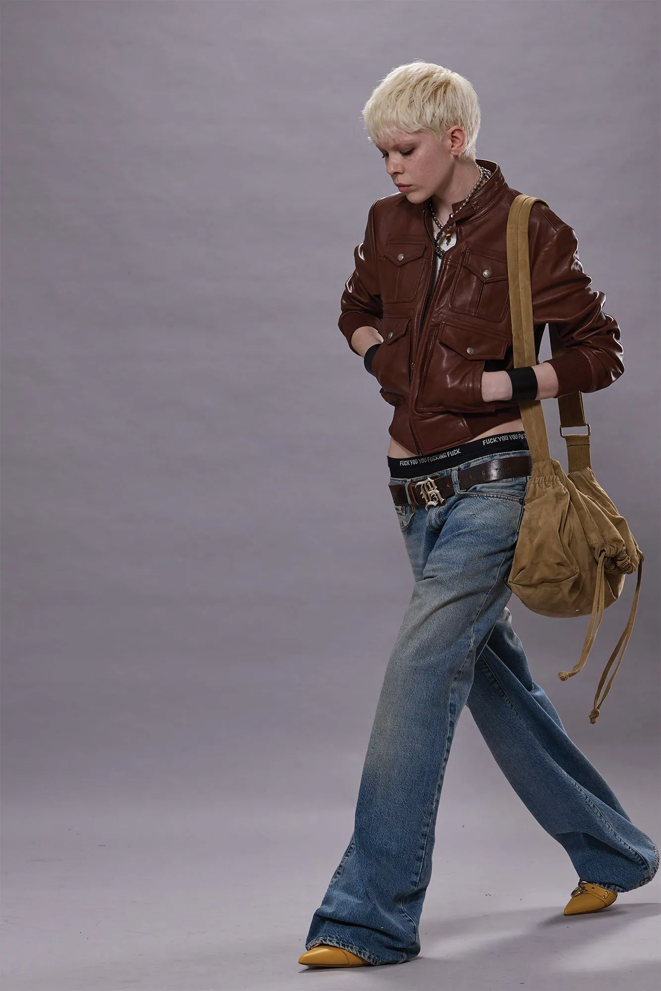 SHRUNKEN ZIP-UP LEATHER JACKET - BROWN