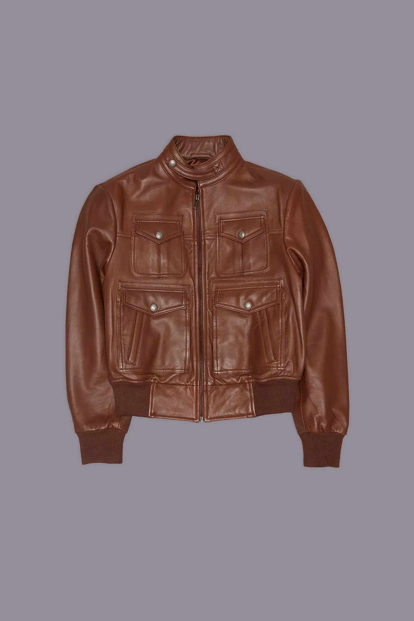 SHRUNKEN ZIP-UP LEATHER JACKET - BROWN