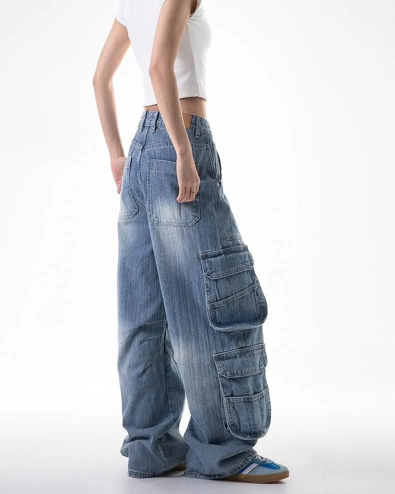 Vintage Washed Multi-Pocket Cargo Jeans  Ice Blue