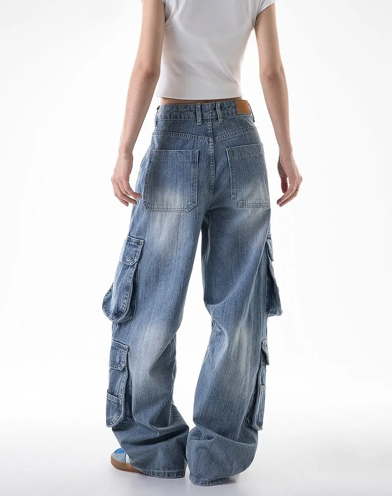 Vintage Washed Multi-Pocket Cargo Jeans  Ice Blue