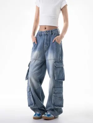 Vintage Washed Multi-Pocket Cargo Jeans  Ice Blue
