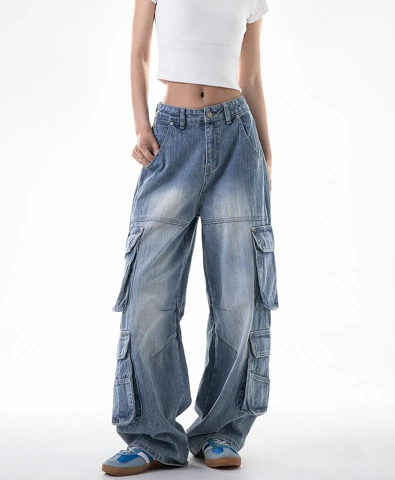 Vintage Washed Multi-Pocket Cargo Jeans  Ice Blue