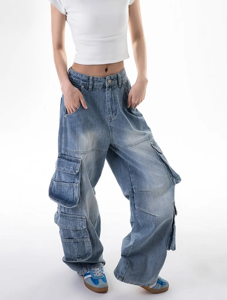 Vintage Washed Multi-Pocket Cargo Jeans  Ice Blue