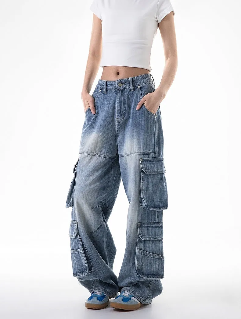 Vintage Washed Multi-Pocket Cargo Jeans  Ice Blue