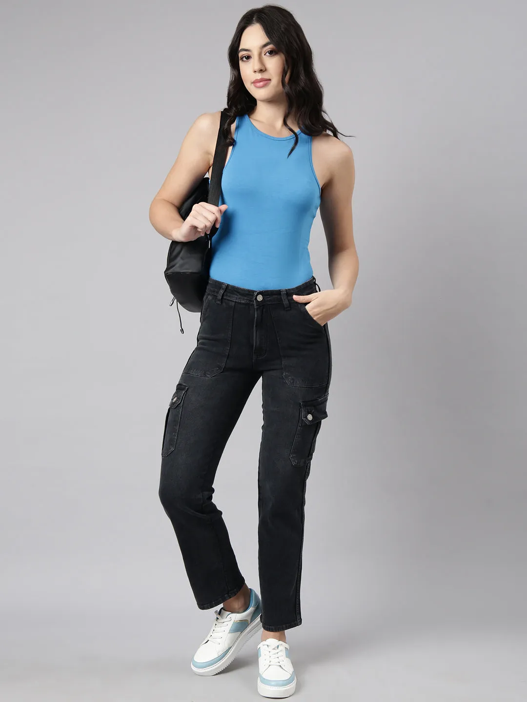 Women Charcoal Straight Fit Light Fade Cargo Jeans