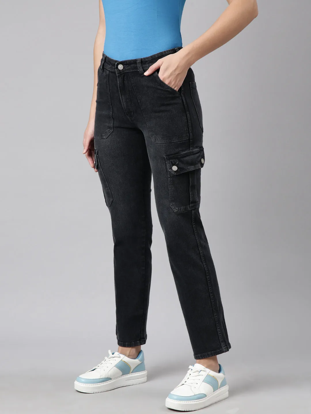 Women Charcoal Straight Fit Light Fade Cargo Jeans