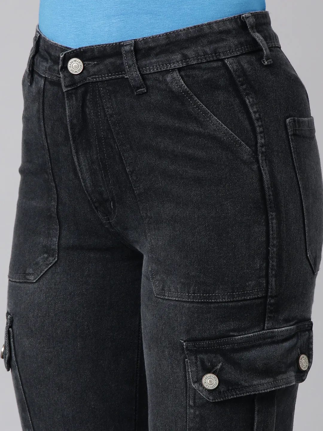 Women Charcoal Straight Fit Light Fade Cargo Jeans
