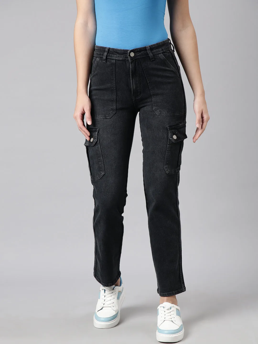 Women Charcoal Straight Fit Light Fade Cargo Jeans
