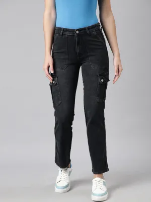 Women Charcoal Straight Fit Light Fade Cargo Jeans