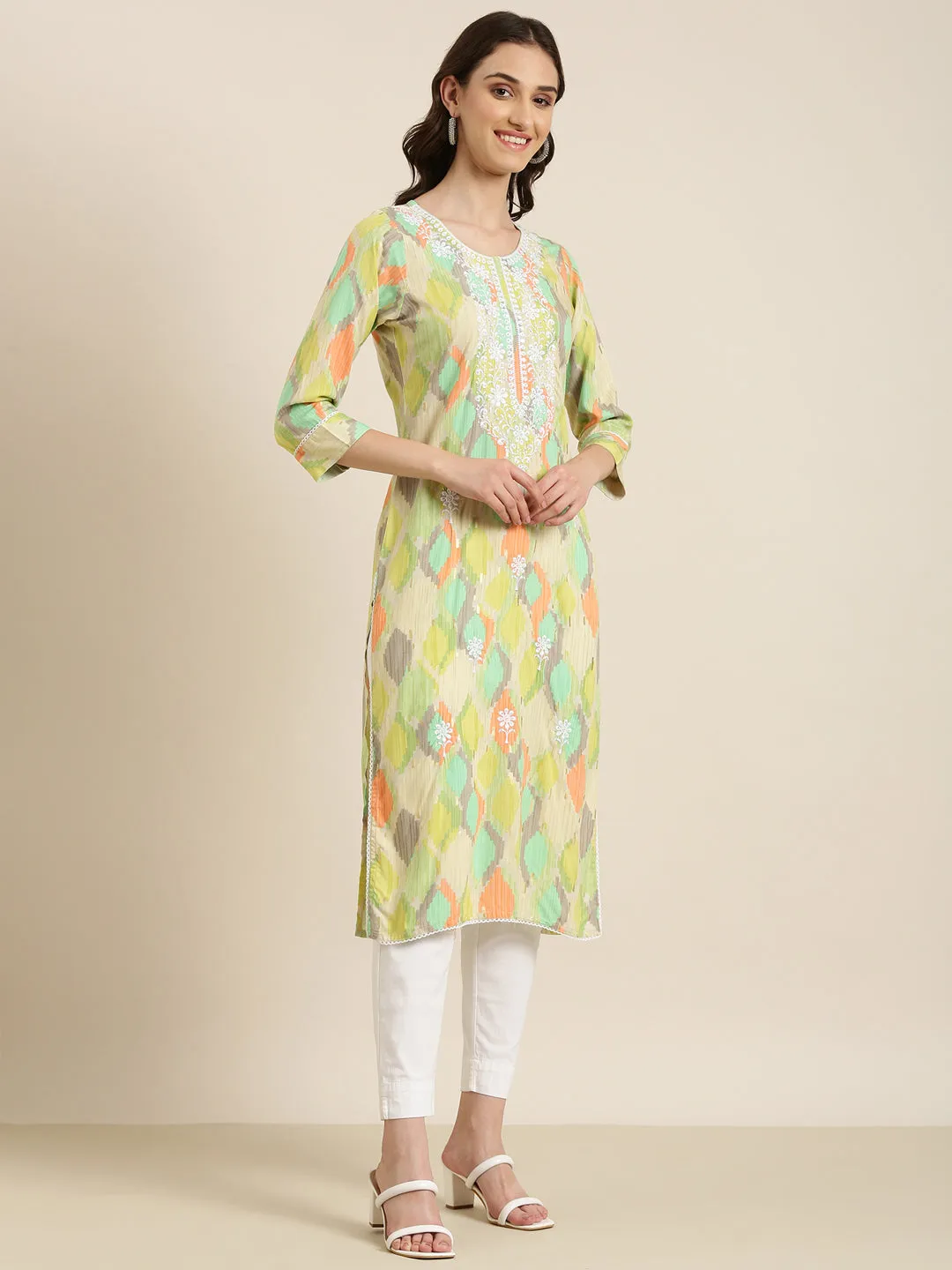 Women Multi Abstract Printed Thread Work Kurta