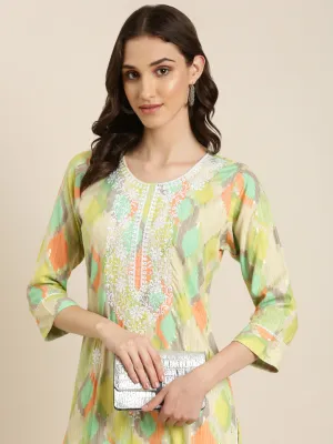 Women Multi Abstract Printed Thread Work Kurta